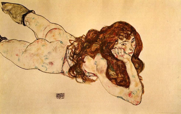 エゴン・シーレ　（1890-1918）　Female Nude Lying on Her Stomach　（腹ばいの裸婦／裸婦画）　　1917年　オーストリア表現主義
