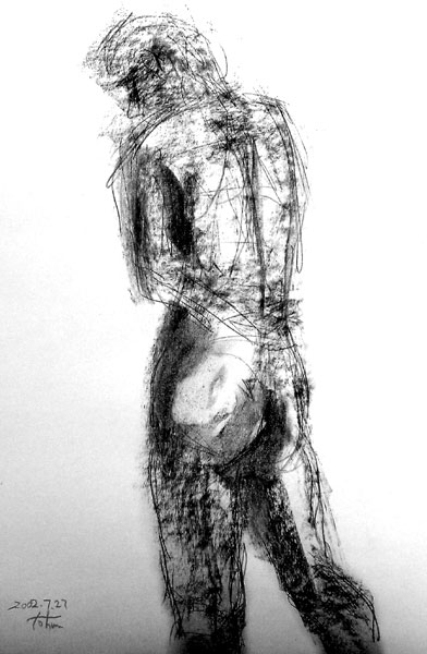 柳澤　徹　　素描　2002・7　#14　（人物クロッキー／ヌード・クロッキー）　木炭、ピットチャコール　ケント紙　B4　36×26cm　　とおる美術館 所蔵