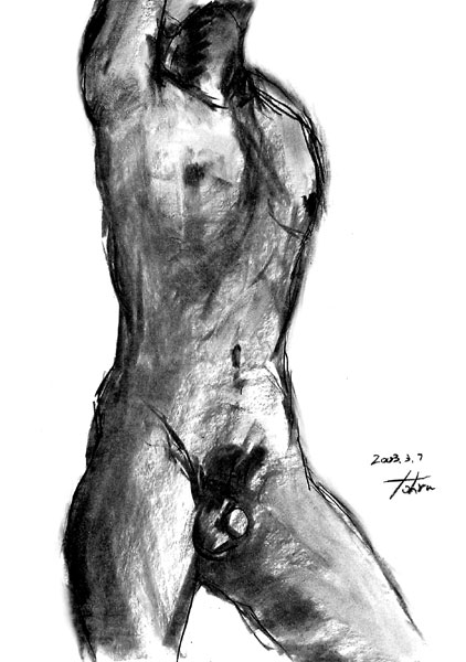 柳澤　徹　　素描　2003・3　#29　（人物クロッキー／ヌード・クロッキー）　木炭　ケント紙　B4　36×26cm　　とおる美術館 所蔵