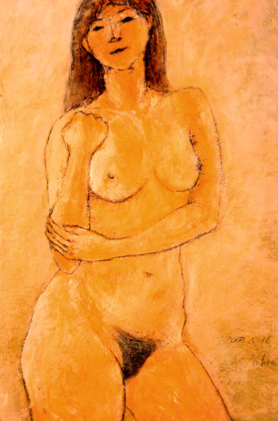 柳澤　徹　　裸婦　2003・5　#1　（裸婦画）　アクリル　木炭　和紙（こうぞ紙）　80×57cm　　とおる美術館 所蔵