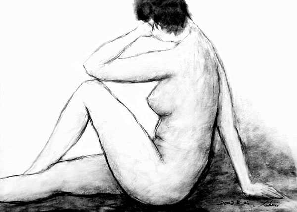 柳澤　徹　　素描　2003・8　#2　（裸婦クロッキー）　木炭　ケント紙　B4　26×36cm　　とおる美術館 所蔵