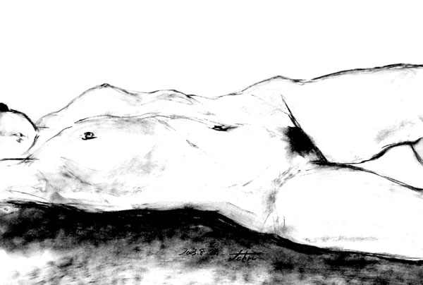 柳澤　徹　　ドローイング　2003・8　#5　（裸婦クロッキー／素描／裸婦画）　木炭　ケント紙　B4　10分　　とおる美術館 所蔵