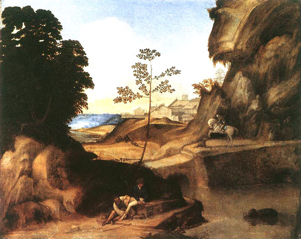 ジョルジョーネ （ジョルジョ・バルバレッリ）　（1478?-1510）　Il Tramonto (The Sunset／日没)　　73×91cm　油彩　1506-10年　イタリア・ルネサンス　ヴェネツィア派　ナショナル・ギャラリー （英国・ロンドン） 所蔵