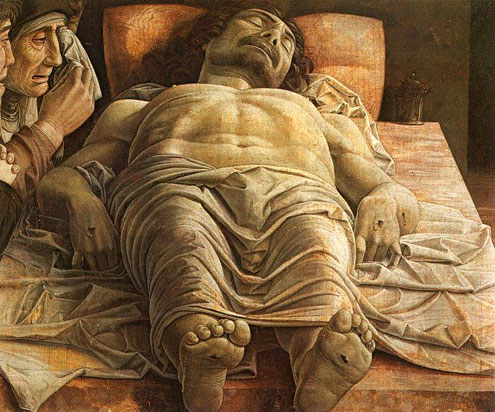 アンドレーア・マンテーニャ　（1431-1506）　　死せるキリスト　テンペラ　61×81cm　1480年頃　　ミラノ　ブレラ美術館 （イタリア） 所蔵