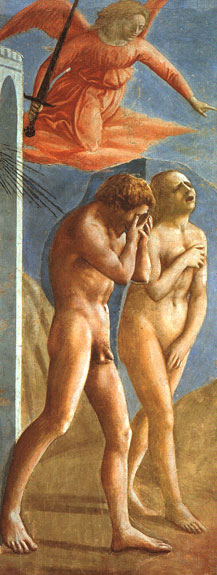 トンマーゾ・ジョヴァンニ・ディ・モーネ・マザッチオ　（1401-1428）　（アダムとエヴァの）楽園追放　フレスコ　65×81cm　1427年ころ　サンタマリア・デル・カルミネ修道院　（イタリア・フィレンツェ）　イタリア・ルネサンス