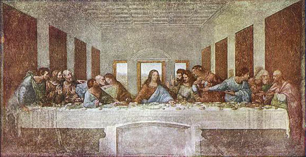 レオナルド・ダ・ヴィンチ　（1452-1519）　　最後の晩餐　壁面にテンペラおよび油彩　420×910cm 　1495-98年　サンタ・マリア・デッレ・グラツィエ修道院　　イタリア・ミラノ