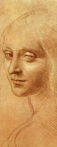 レオナルド・ダヴィンチ　『岩窟の聖母』のための天使の顔のドローイング（素描／部分）